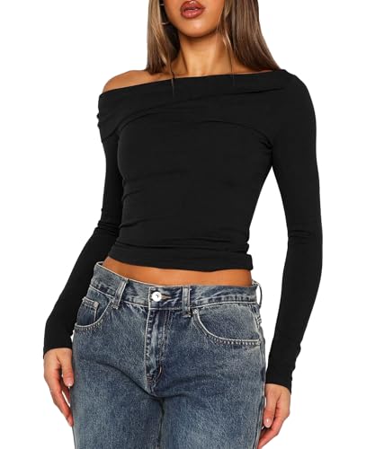 Coloquin Women Long Sleeve Off The Shoulder Top Knit Tops Sweater Cute Y2k Going Out Tops Black L