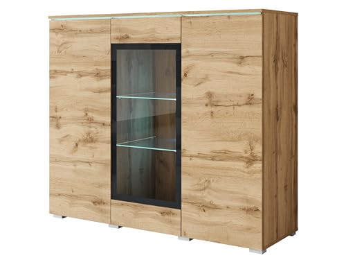 MINIO go for it - Buffet Salle a Manger Veve, Buffet Haut 120 cm Longueur, Meuble Vitrine Chêne Wotan - sans éclairage LED