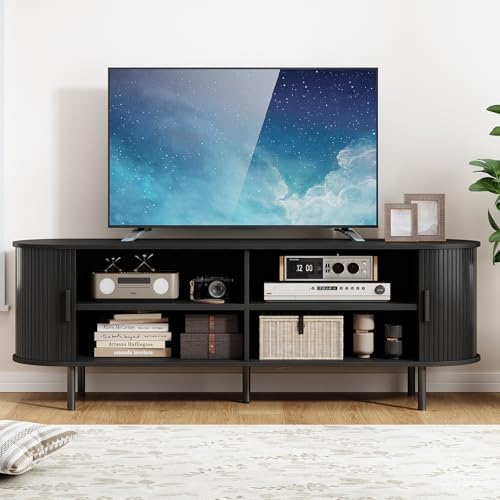 Image of 63 inch TV Stand with Power Outlet, Modern Media Console with Sliding Doors, Entertainment Center for TVs up to 60 Inch, Adjustable Shelves, Black
