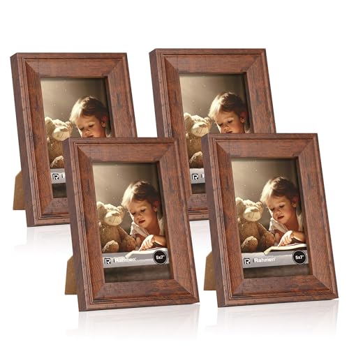 Image of iRahmen 5x7 Picture Frame Set of 4, Brown Rustic Retro Photo Frame with Real Glass, 5 x 7 Frames for Wall Mount and Tabletop Display