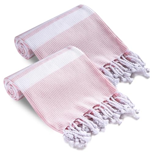 DineNest Turkish Beach Towels Set of 2 - Oversized Cotton Beach Towels 40X70 inch - Sand Free Quick Dry Beach Blanket for Adults - Extra Large Towels for Beach Bath Pool Yoga Travel - Pink