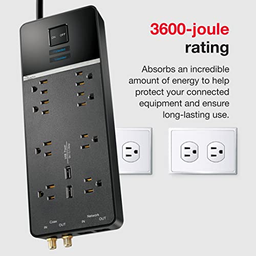 Rocketfish 8-Outlet/2-Usb Wall Tap Surge Protector Strip - Provides Protection & Convenient Mobile Phone Charging - Black #TOP2
