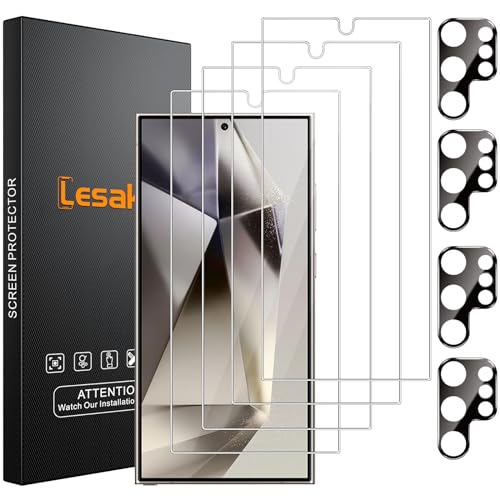 Lesakit 4 Stück Panzer Schutz Glas für Samsung Galaxy S24 Ultra und 4 Stück Kameraschutz, 9H Härte Panzerfolie, Anti-Kra...