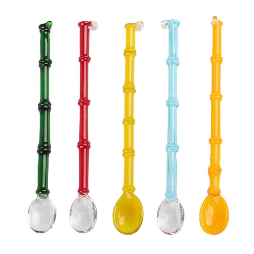TMXAOK 5 Pieces Glass Stirring Spoons Clear Crystal Coffee Cocktail Mixing Spoon Teaspoons with Spiral Handle Salt Sugar Ice Cream Yogurt Jam Dessert Scoop Swizzle Stick Stirrer for Bar Cafe Party (D)