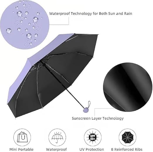 Image of Mini Umbrella with Case for Men & Women (Manual Open) Compact Travelling Pocket Umbrella, Polyester & UV Protect Fabric for Summer /Anti-Slip Handle- Use in Rain & Summer (PurpleCC)