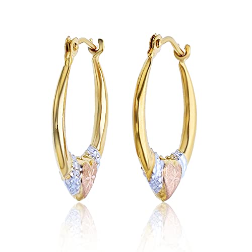 14K Gold Solid Tricolor Diamond Cut Heart Hoop Earrings For Women And Girls, 2.70X18Mm #TOP1