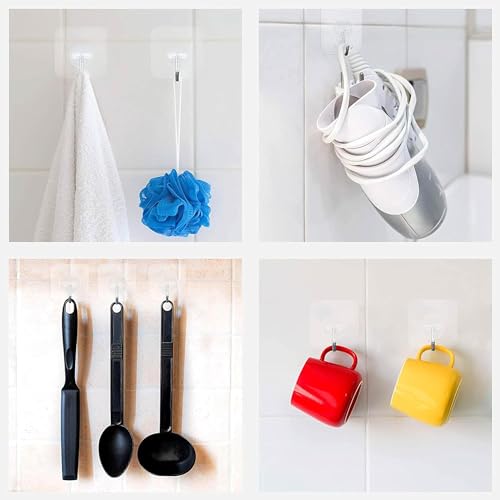 Image of Onesta Self Adhesive Wall Hooks for Hanging Heavy Items 10 PCS | Heavy Duty Transparent Sticky Hooks | Waterproof Wall Hangers | No Drill No Nail Multipurpose Hooks for Kitchen Bathroom Home & Office