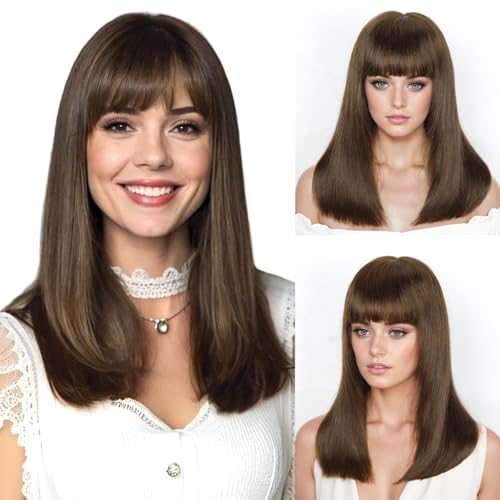 Image of 6x4 Lace Brown Bob Human Hair Wig with Bangs human hair wigs for white women Layered Lace Front Closure Curtain Bangs Wear and Go Glueless 100% Real Human Hair Wigs for White Women 16 Inch