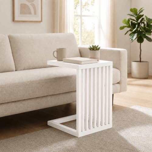 Image of Solid Sheesham Wood C Shape Side Table for Living Room | Modern Sofa End Table | Wooden Laptop Table for Bed | Coffee & Snack Table | Bedside End Table | White Brown Finish