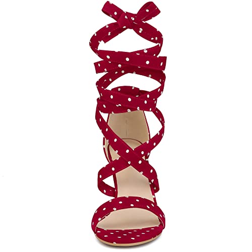 Allegra K Allegra K Women's Polka Dots Strappy Heels Lace Up Red Chunky Heels Sandals 6 M US