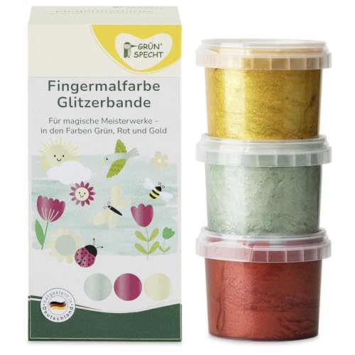 GRÜNSPECHT Fingermalfarbe Glitzer, Fingerfarben Set für Kinder, 3 x 90 g, schadstofffrei, vegan, wasserlöslich, cremige Farben zum Basteln, rot, grün, gold (698-V1)