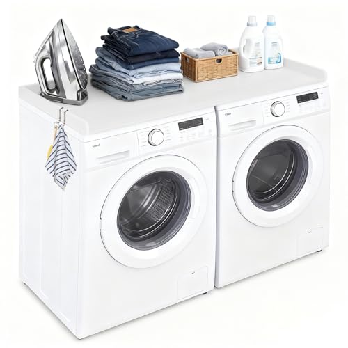 KULAMOON HDPE Washer Dryer Countertop, 54" x 27" Laundry Countertop with 2 Hooks & Non-Slip Pads, Washer and Dryer Topper for Laundry Room Organization, No-Installation (White) by KULAMOON - Used condition - US$85.62
