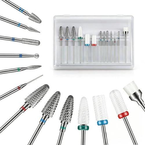 Depvko Juego de 13 brocas para uñas, 3 brocas de carburo de tungsteno + 3 brocas de cerámica para uñas + 6 brocas de diamante + 1 cepillo, brocas de uñas de 3/32 pulgadas para taladro de uñas