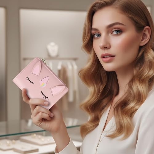 Image of Small Womens Wallet, Cute Bifold RFID Blocking Vegan Wallet for Teen Girls Ladies with Zipper Coin Pocket (Unicorn Pink)
