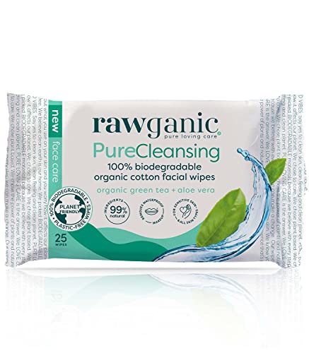RAWGANIC Refreshing Facial Wipes, Fragrance-free Biodegradable Organic Cotton Wipes with Aloe Vera and Green Tea (25-Count), Packaging May Vary