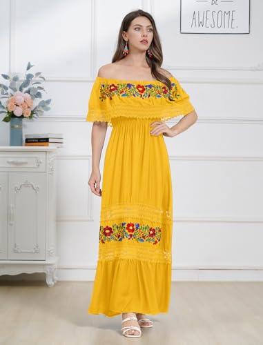 Image of ABEHIK Mexican Dress for Women Traditional Off Shoulder Embroidered Present Casual Lace Long Maxi Dress Cinco de Mayo Outfit