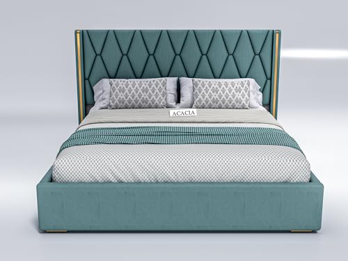 Image of Acacia Modern Upholstered Queen Size Bed with Hydraulic Storage for Bedroom | Wooden Furniture Double Beds for Home & Hotels | Platform Cot Bed with Upholstery Fabric, 6.5 x 5 Ft, Sheesham Wood, Green