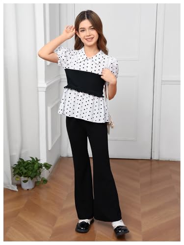 Image of Milumia Girl's 2 Piece Outfit Cute Polka Dots Puff Sleeve Top and Flared Pants Set