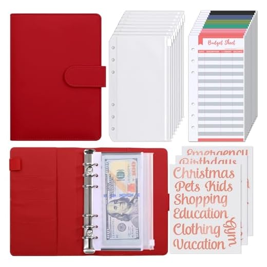 SKYDUE Budget Binder with Zipper Envelopes,Money Organizer for Cash,12pcs Expense Budget Sheets & 24 Rose Gold Sticky Labels,Money Saving Binder for Budgeting (WineRed)