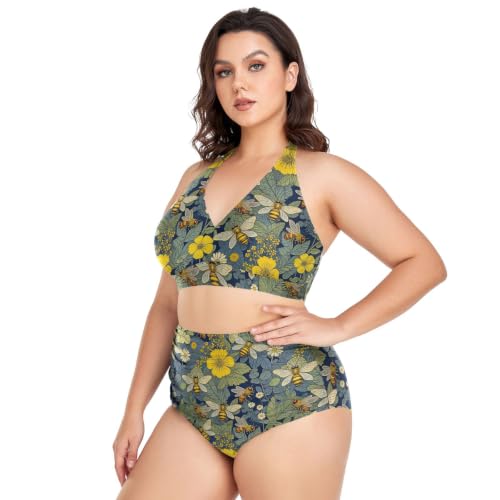 Bikinis Taille Plus Réglable Botanique Abeille Fleurs Jaunes Vert Halter Bikini Tops - 2