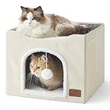 Picture of Bedsure Cat Beds for Indoor Cats - Large Cat Cave for Pet Cat House with Fluffy Ball Hanging and Scratch Pad, Foldable Cat Hideaway, 16.5x16.5x13 inches, Ivory