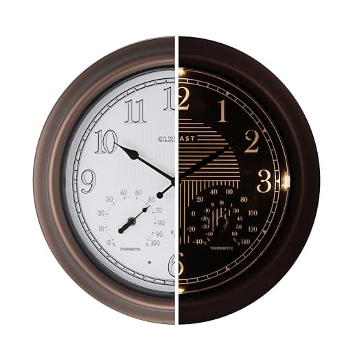 CLXEAST 18 Inch Illuminated Outdoor Indoor Atomic Analog Wall Clock with Temperature & Humidity, Lighted Outdoor Clocks for Patio Large Waterproof with Thermometer, Bronze Finish