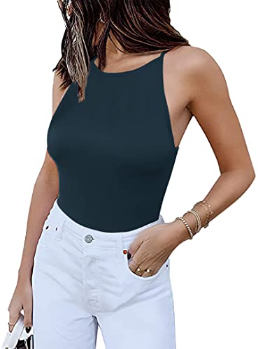 Geolh Women's Sexy Sleeveless Racer Back Halter Neck Bodysuit Tank Tops Navy L