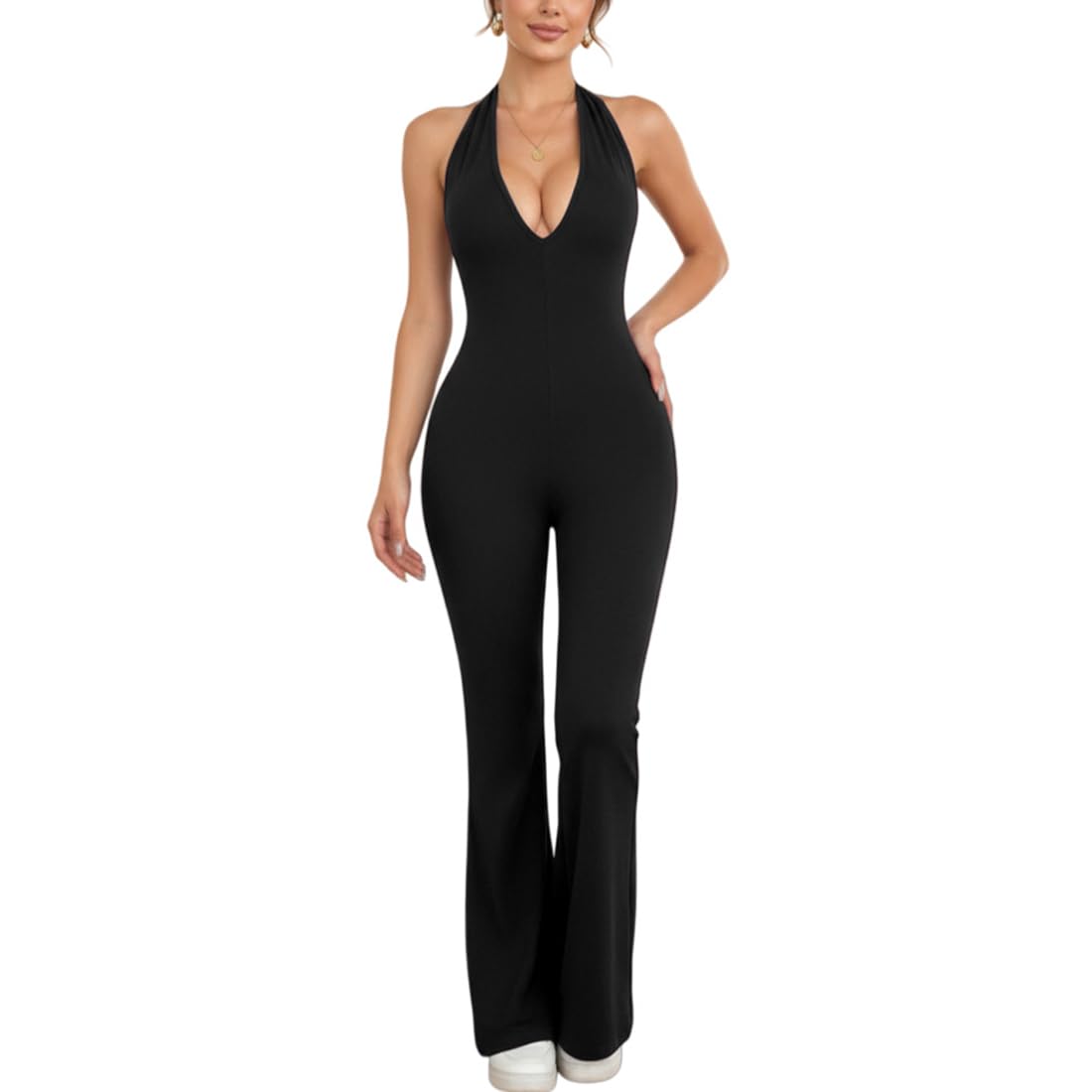 Bcenoilua Women's Black One Piece Backless Jumpsuits Sleeveless Tummy Contral Rompers Seamless Unitards Bodycon Maxi Jumpsuit Workout Yoga Sports Playsuits