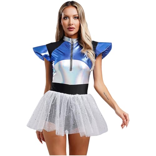 Sywiyi Disfraz espacial de astronauta, vestido con falda tutú, vestido metálico, sin mangas, Halloween, carnaval, disfraz plateado, M