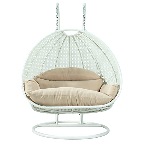 Leisuremod 2 Person Hanging Double Swing Chair, X-Large White Wicker Rattan Egg Chair With Stand And Cushion For Indoor Outdoor Patio Garden (Beige) #TOP14