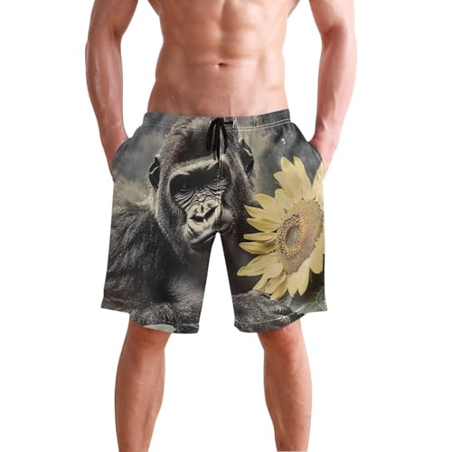 Men Swim Trunks-Gorilla Sunflower, Beach Shorts with Inner Lining Quick Dry Board Shorts S