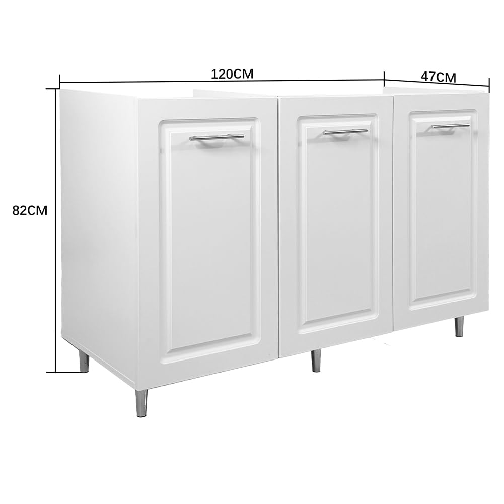 Shally Dogan Mobile Sottolavello Base per Cucina con Tre Ante Design Boiserie, Mobiletto Componibile con Struttura in Legno Robusta, Mobile Sotto Lavello, 120 x 50 x 85H cm (Bianco)