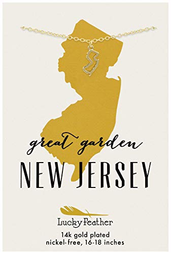 Lucky Feather New Jersey Shaped State Necklace, 14K Gold-Dipped Pendant on Adjustable 16”-18” Chain