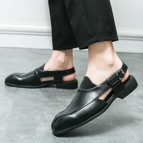 Men's Panelled Leather Closed-toe Sandals with Adjustable Buckle Straps Non-slip Breathable Pointed Block Heel Slippers, Business Walking Driving Office Dress Shoes (Black,12)3