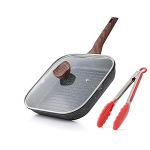 Nonstick Grilling Pan with Lid for Stove Tops, 9.5 Inch Square Grill Pan for Indoor Cooking, Granite Coating Grill Skillet with Pour Spouts, Versatile Griddle, Induction Steak Pan, PFOA Free