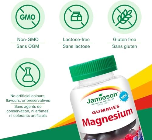 Jamieson 100% Pure Magnesium Bisglycinate 20 mg Gummies Cranberry Grape Flavour, Not Blended, Magnesium Oxide Free, Supports Bone Development and Muscle Function, Source of Electrolytes, No Artificial Colours, Flavours, or Preservatives, 60 Count - 4