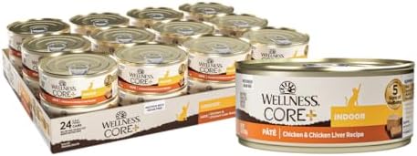 Wellness CORE+ Indoor Pate Adult Wet Cat Food, Natural, Protein-Rich, Grain Free, 5.5 Ounce, 24 Pack (Chicken & Chicken Liver)