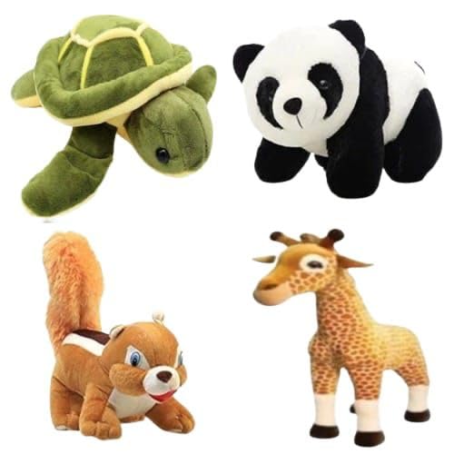 Image of Pack of 4 Elegant Soft Animals Stuffed Plush Fur Soft Toys Combo Set for Kids /Childrens /Boys /Girls Playing Birthday Gift Panda,Turtle,Squirrel,Giraffe