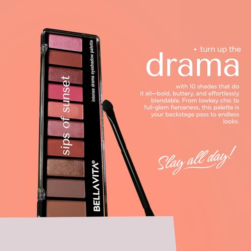 Image of BELLAVITA Intense Drama Eyeshadow Palette | 10 Blendable Shades | Matte, Shimmer & Satin Finishes | Long-Wear, Crease-Proof, Smudge-Resistant | Lightweight & Buildable | Sips of Sunset | 10g