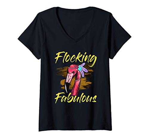 Womens Cute & Funny Flocking Fabulous Flamingo Pun V-Neck T-Shirt