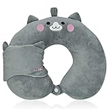 Nackenkissen Flugzeug Reise Reisekissen Tragbares Stützendes Nackenhörnchen Kinder Nackenstützkissen Flugzeug Kissen Schlafkissen Mit Schlafaugenmaske für Büro Haus und Reisen im Auto Zug (grau A)
