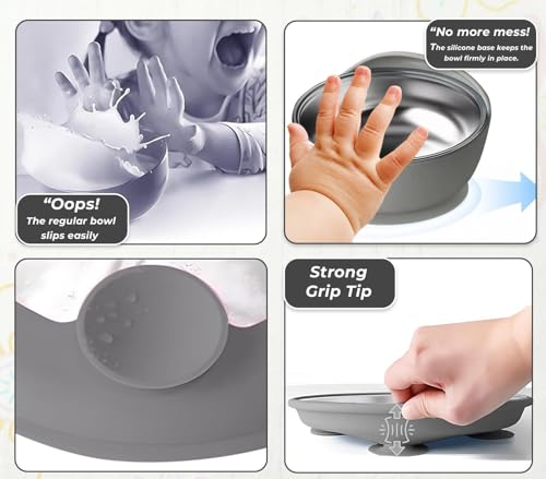 Image of NYALA Stainless Steel Toddler Plates Silicone Suction, Non-Slip Baby Plates BPA Free,Unbreakable Dishwasher Safe (Grey, Plate + Bowl)