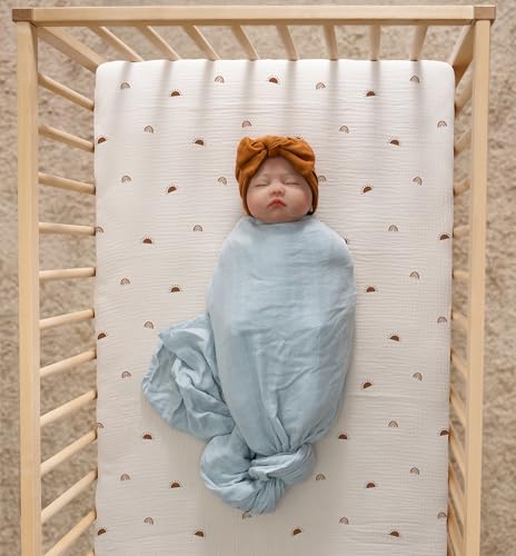 Image of Meracorallo Muslin Pack and Play Fitted Sheet, 100% Cotton, Sun Rainbow