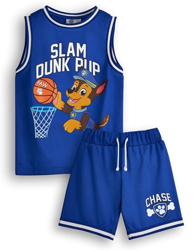 Paw Patrol Boys Chase Basketball Jersey and Shorts Set | Kids Slam Dunk Pup Complete Two Piece Sports Outfit in Blue | Children's Athletic Wear Matching Bundle | Cartoon Merchandise Apparel Gift