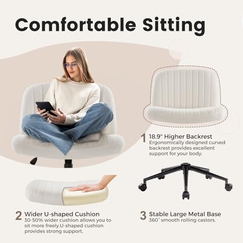 Image of IWMH Criss Cross Chair Cross Legged Office Chair with Wheels Armless Wide Seat Desk Chairs Height Adjustable Computer Task Chairs Swivel Vanity Chair for Home Office Bedroom Make Up Teddy Fabric White