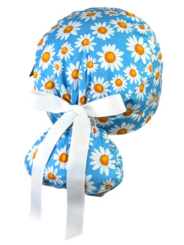 Image of Scrub Cap for Women and Men, Ponytail Scrub Caps, Working Hat, Head Cover with Ribbon Ties and Buttons, Long Hair
