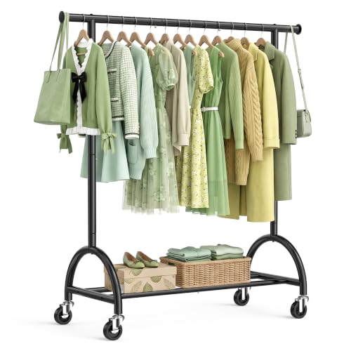 EAGMAK Clothes Rack with Wheels, Single Rod Rolling Clothing Rack, Black
