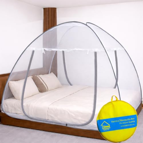 Image of VERDIOZ WITH DEVICE Double Bed Mosquito Net Machardani, King Size Mosquito Net Adult | Kids | Baby | Corrosion Free Steel Wire, 30 GSM Bright White Net with Saviour Kit -(Grey Zipper, White Lace)