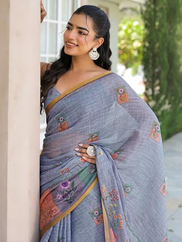 Image of SIRIL Women's Cotton Linen Printed Zari Border Saree with Unstitched Blouse Piece
