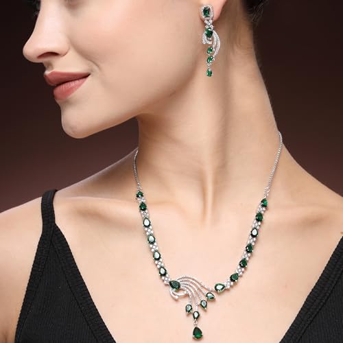 Image of ZENEME Rhodium Plated Silver Toned American Diamond Studded Paisley Necklace With Earrings Jewellery Set For Women & Girls